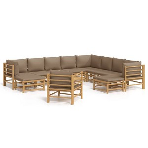 vidaXL 12 Piece Patio Lounge Set with Taupe Cushions Bamboo - 3x corner 5x middle 2x footrest chair Table Taupe - 1 of 4