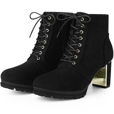 BLISSFUL STEP Women's Round Toe Lace Up Chunky Heel Combat Boots