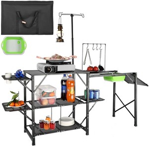 VEVOR Camping Kitchen Table, One-piece Folding Portable Cook Station with A Carrying Bag, Long Aluminum Camping Table 3 Side Tables, 2 Shelves - 1 of 4