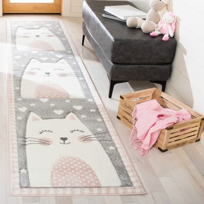 Gray and Pink Synthetic Runner Rug with Cat Design for Kids