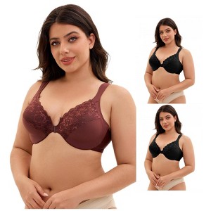 INSPIRE CHIC 3 Pcs Women's Front Closure Lace Trim Underwire Adjustable Straps Plunge Bras - 1 of 4