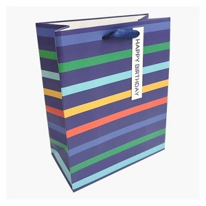 Bows And Sparkles Medium Striped Happy Birthday Gift Bag Purple - 1 of 3