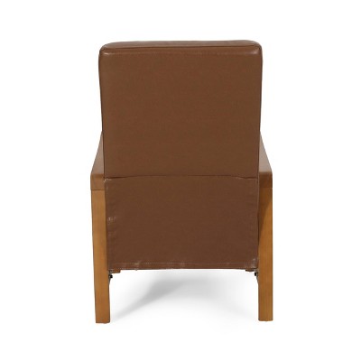 Munro Cognac Brown Faux Leather Recliner with Teak Wood Frame