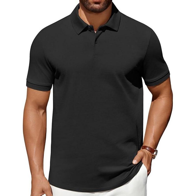 COOFANDY Men's Polo Shirts 100% Cotton Heavyweight Short Sleeve Button Golf Shirts Classic Pullover Ribbed Collar and Cuffs black S