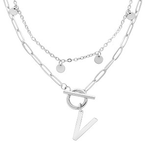 Adornia Tarnish Resistant Sterling Silver Plated Confetti And Paperclip Layered Initial Toggle Necklace - 1 of 3