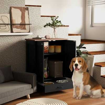 Dog Feeding Station with Storage Cabinet,Hidden Raised Bowls,Adjustable Panel And Hooks,Pet Food Organizer for Medium Dogs–LAOTIES