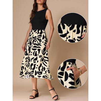 Женские платья INSPIRE CHIC Women's Summer Sleeveless Pattern Splicing Round Neck Midi Dress Black Beige X-Small — фото 2