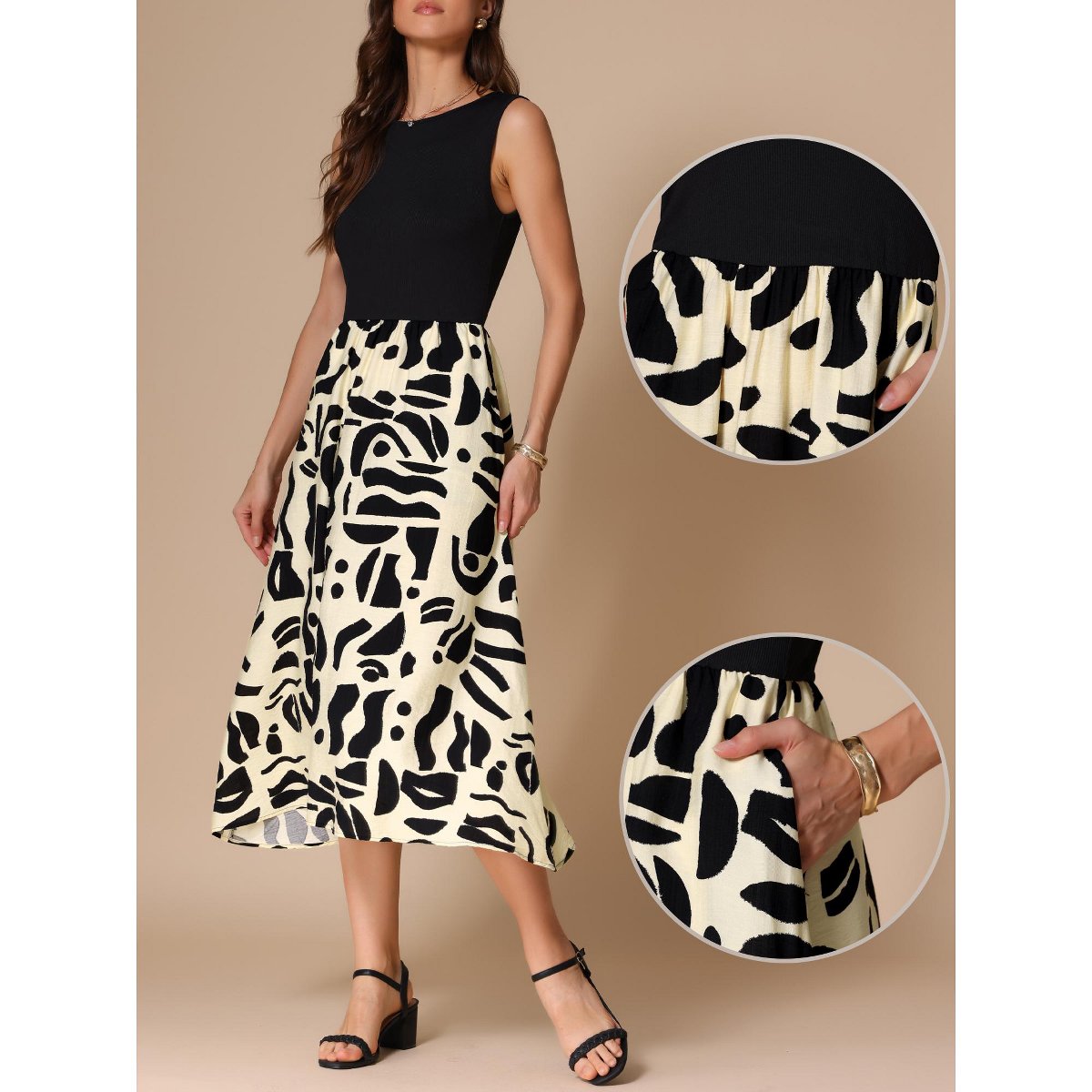 Женские платья INSPIRE CHIC Women's Summer Sleeveless Pattern Splicing Round Neck Midi Dress Black Beige X-Small 2 Packs Black Beige/Black Beige X-Small — фото 2