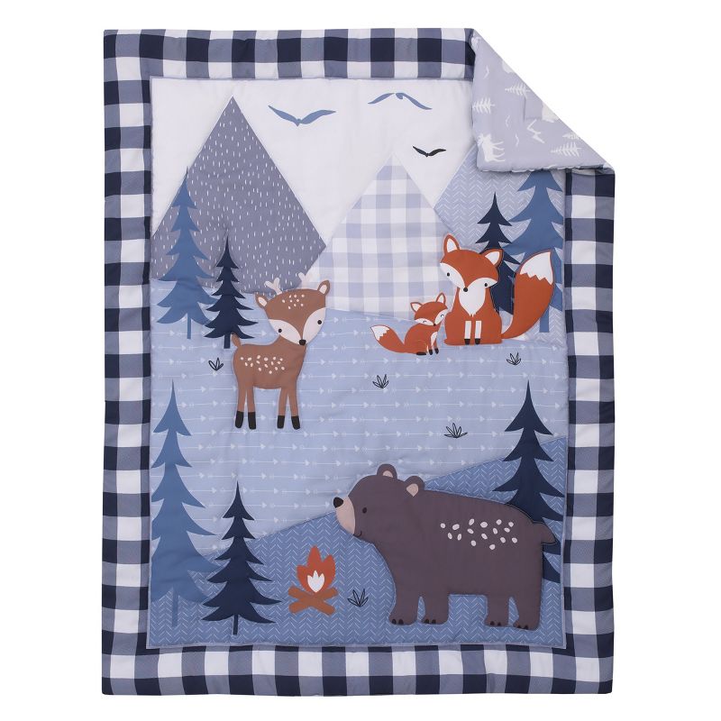Little Love by NoJo National Park Navy Buffalo Check, Gray, Blue, and Brown Camping Bear, Deer, and Fox 3 Piece Mini Crib Bedding Set, 2 of 7