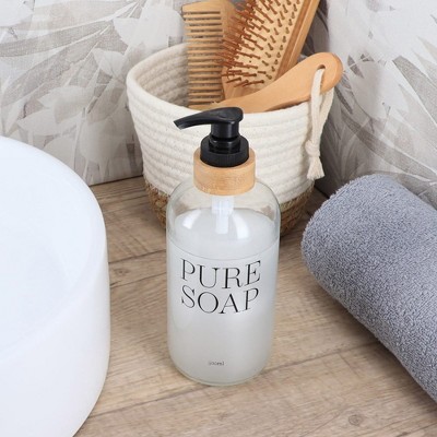 Evideco French Home Goods Glass and Bamboo Soap Dispenser - Available in 17 oz and 34 oz, PURE SOAP Design, Sturdy Pump for Easy Dispensing
