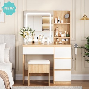 Jojoka Vanity Desk with Lighted Mirror, 3-Color LED Makeup Table with Charging Ports, Storage Stool, Drawers and Hair Dryer Holder,Modern Bedroom Set - 1 of 4