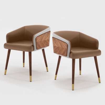 ARTPLAN Mid Century Modern Dining Chair Set of 2,Faux Leather Uphoolsted Accent Arm Chair,Walnut with Beech Feet for Dining Room/Home Office