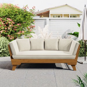 Outdoor 3-Seat Patio Daybed Sofa with Foldable Arms, Acacia Wood Frame and Removable Beige Cushions, Modern Lounge for Garden-Maison Boucle - 1 of 4