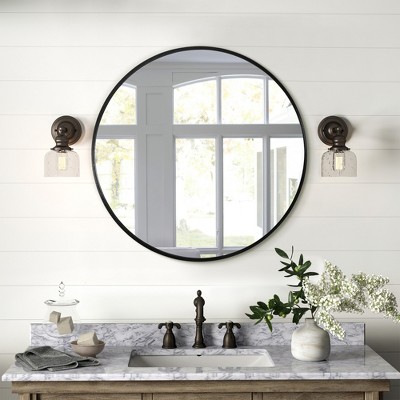 Lirago Black Round Aluminum Alloy Framed Mirror with Tempered Glass 27.3"W x 27.3"H x 1.1"D
