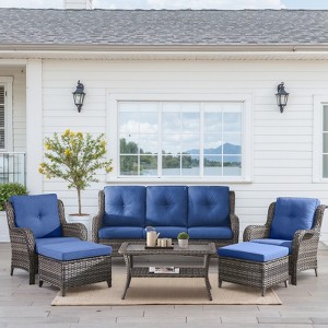 Buenhomino Wicker Outdoor Patio Furniture Set - 6 Piece Patio Conversation Set with Swivel Rocker Chairs, Rattan Sofa, Ottomans and Coffee Table - 1 of 4