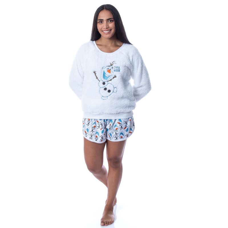 Disney Womens' Frozen Olaf Chill Mode Sweater and Shorts Sleep Pajama Set White, 2 of 6