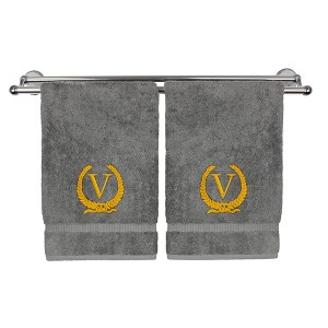 BC BARE COTTON Monogrammed Hand Towel, 100% Turkish Cotton - Set of 2 - Gray - Gold Wreath - 1 of 4