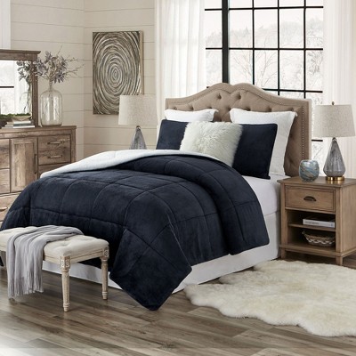 Navy King Reversible Faux Fur Comforter Set with Sherpa