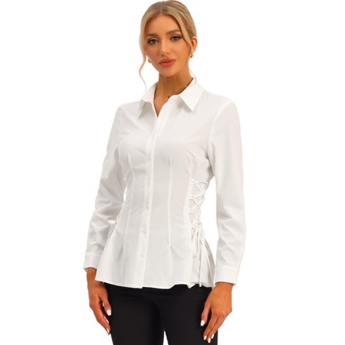 Women Lantern Sleeve Blouse Solid Formal Shirt Tops Button Casual White  Black