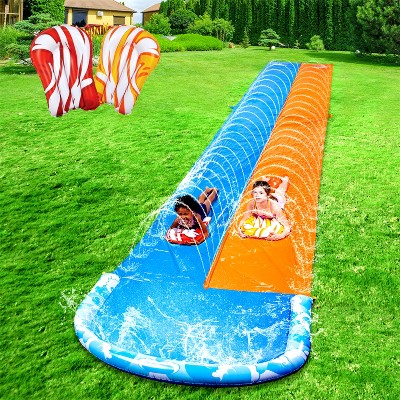 Joyfy 32.5ft Slip Water Slide with 2 Bodyboards, Summer Double Lawn Water Slip with Build in Sprinkler for Backyard