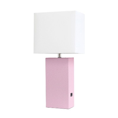 Blush Pink Leather Table Lamp with USB Port and Fabric Shade