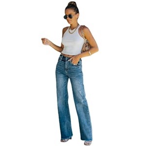 Clearlove Womens Mid Rise Raw Hem Bootcut Jeans Plus Size, Distressed Baggy Straight Leg Denim Pants Loose Fit,S-XL - 1 of 4