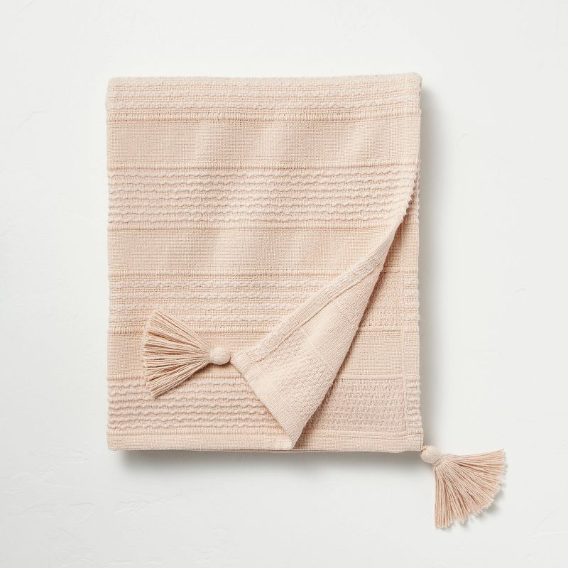 Textured Stripe Dobby Throw Blanket with Corner Tassels Blush - Hearth &#38; Hand&#8482; with Magnolia, 1 of 5