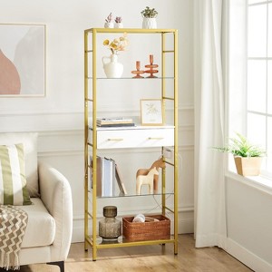 Hachikiko 5-Tier Bookshelf with Charging Station & Drawer - Gold Metal Frame, Tempered Glass Shelves, Easy Assembly, (23.6"L x 11.8"W x 63"H) - 1 of 4