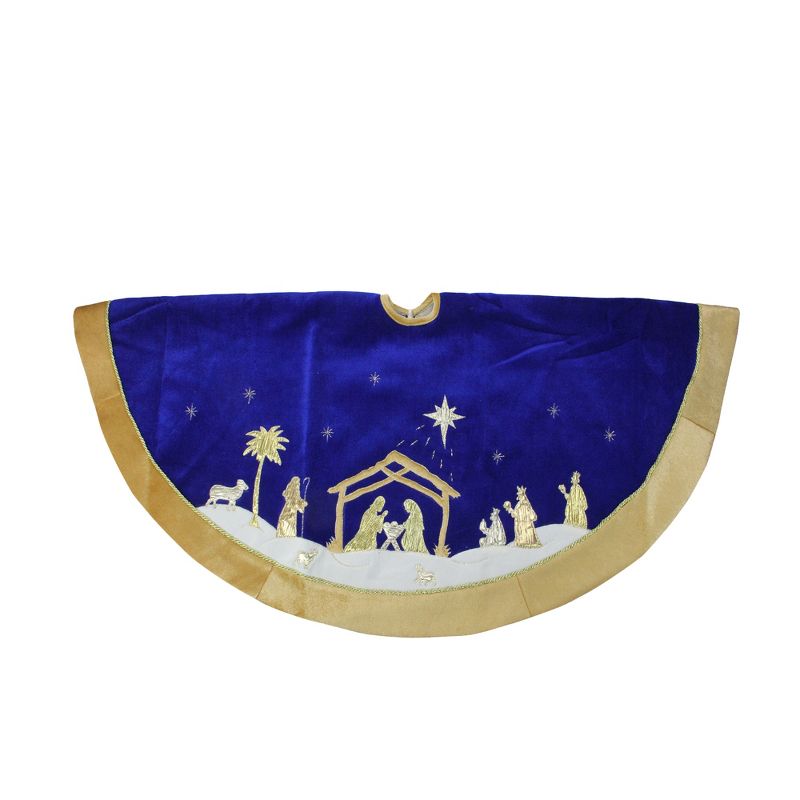 Northlight 48" Blue and Gold Nativity Scene Christmas Tree Skirt with Gold Border, 1 of 3