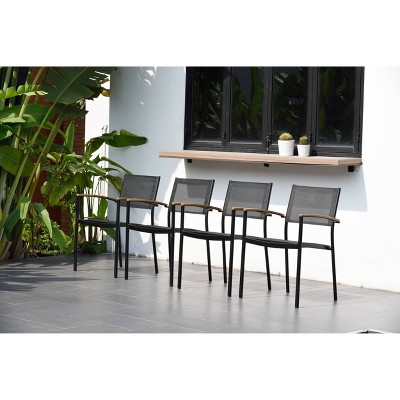 4pk Veronica Patio Quick Dry Stacking Sling Chairs with Teak Finish & Aluminum - Black - Amazonia