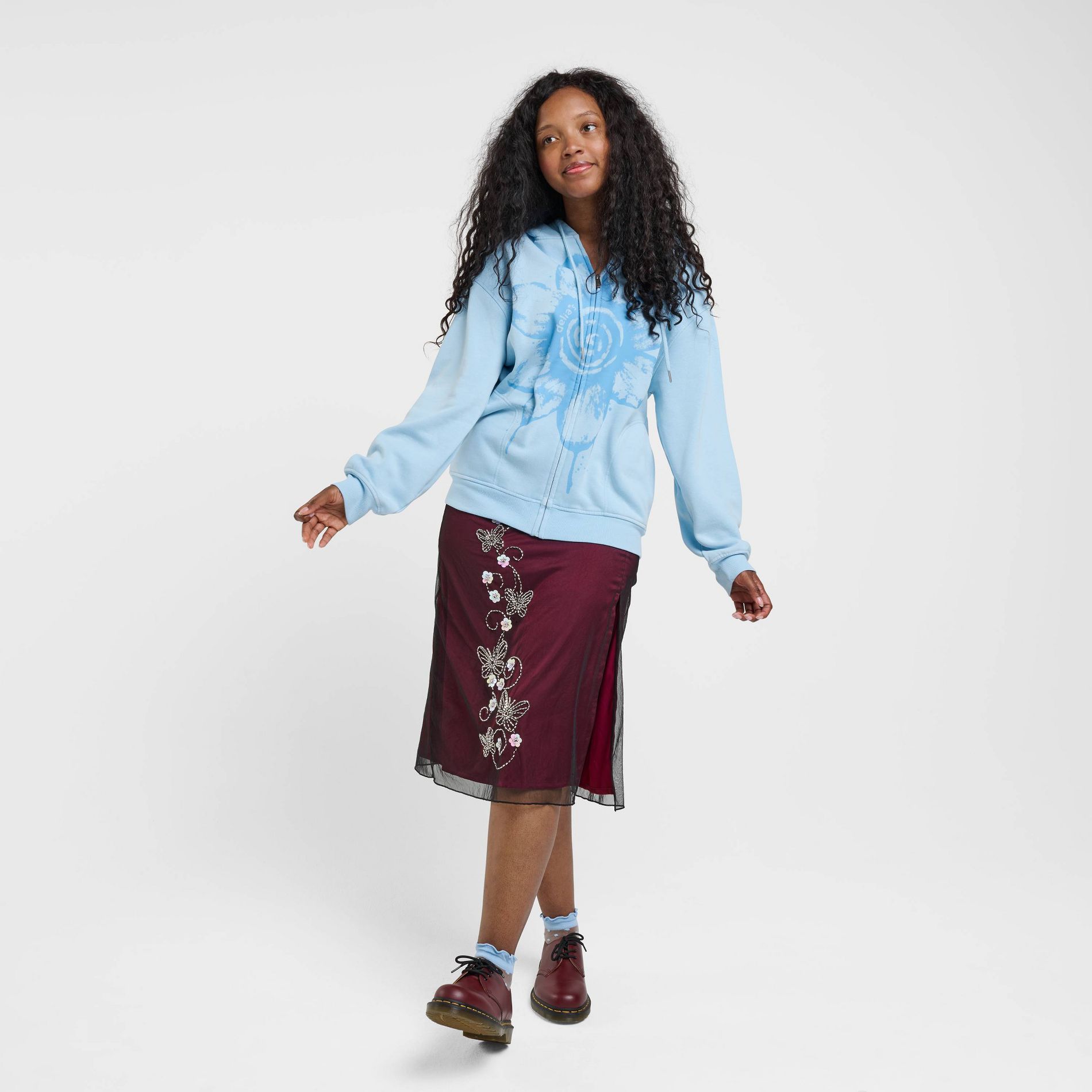 Women's dELiA*s Midi Long Mesh Overlay A-Line Skirt - Maroon Floral XXS