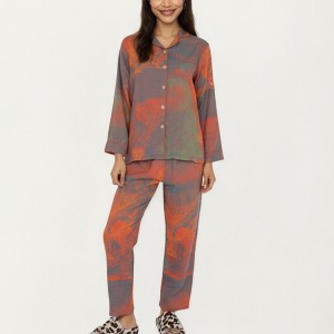 Anna-Kaci Lounge Women's 2-Piece Set Long Sleeve Button Front Top and Relaxed Fit Pants Pajama Set with Abstract Print - 1 of 4
