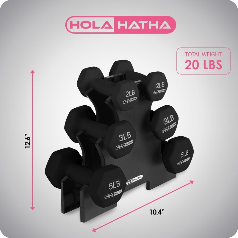 HolaHatha Neoprene Coated Hex Dumbbell Weight Training Home Gym Equipment Set with 2, 3, & 5 Pound Fitness Hand Weights and Storage Organization Rack, 3 of 7