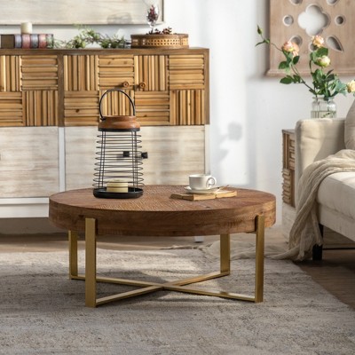 VYNXARIA Modern Round Coffee Table - Carved Pine Top with Golden Metal Legs