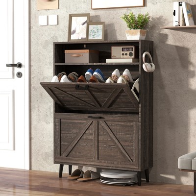 KTMBDW Shoe Storage Cabinet with 2 Flip Drawers, Freestanding Organizer with Metal Legs for Entryway, Narrow Shoe Rack Cabinet with Side Hooks