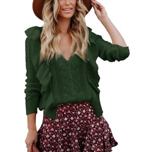 Womens V Neck Button Down Sweaters Tops Casual Long Sleeve Ruffle Knit Cardigan Sweater Outwear - 1 of 4