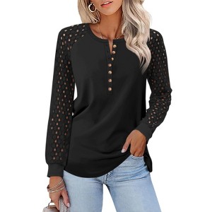 Women's Lace Long Sleeve Henley Tops Soft Casual Blouse Shirts Fall Trendy T Shirt - 1 of 4