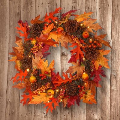 24" Orange Maple Leaf Wreath with Clear Lights and Pinecones