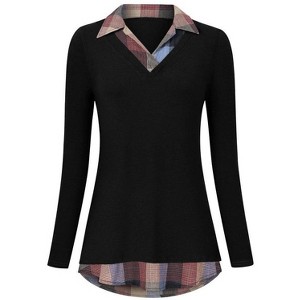 Coolmee Women's Contrast Collared Shirts Long Sleeve Patchwork Work Blouse Tunics Tops - 1 of 4