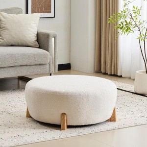 Gulches White Modish Round Ottoman - Boucle Top, Splayed Rubber Wood Legs, for Footrest/Extra Seating/Living Room (Natural Wood Legs) - 1 of 4