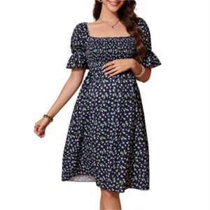 Clearlove Women's Floral Print Square Neck Shirred Puff Sleeve Maternity Dress Nursing Friendly Bump Flowy Maxi - 1 of 4