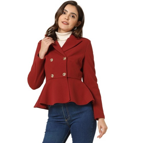 Allegra K Women's Elegant Lapel Blazer Long Sleeve Button Ruffle Hem Work Short Coat Jacket Burgundy Small
