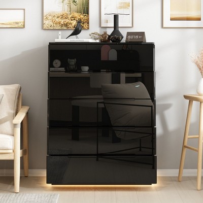 FUFU&GAGA 5 Drawer Dresser Modern Mirror Design High Gloss Surface with Underlighting Black
