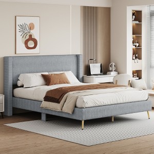ALEXOUN Queen Size Platform Bed Frame with Corduroy Upholstered Headboard and Metal Legs, Mattress Foundation with Wooden Slats Support - 1 of 4