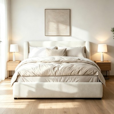 Queen/King Size Upholstered Platform Bed Frame with Wingback Headboard, Modern Padded Bed, White