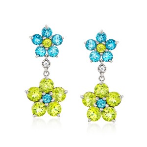 Ross-Simons 2.60 ct. t.w. Peridot and 1.40 ct. t.w. Swiss Blue Topaz Floral Drop Earrings With White Topaz in Sterling Silver - 1 of 3
