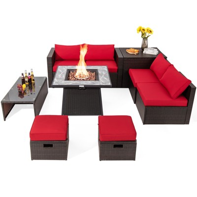 Tangkula 9 Pieces Outdoor Patio Furniture Set with 35" Propane Fire Pit Table Wicker Sectional Sofa Set w/ Storage Box Black/Gray/Navy/Red/Turquoise/Off White