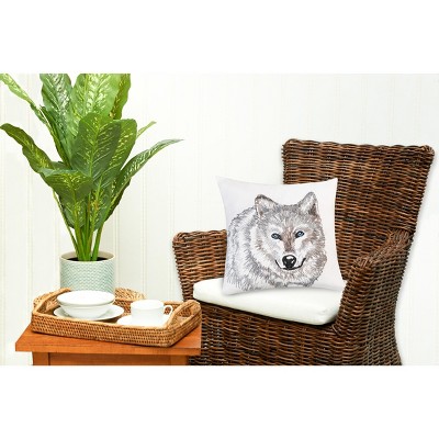 18" White and Gray Embroidered Wolf Portrait Pillow