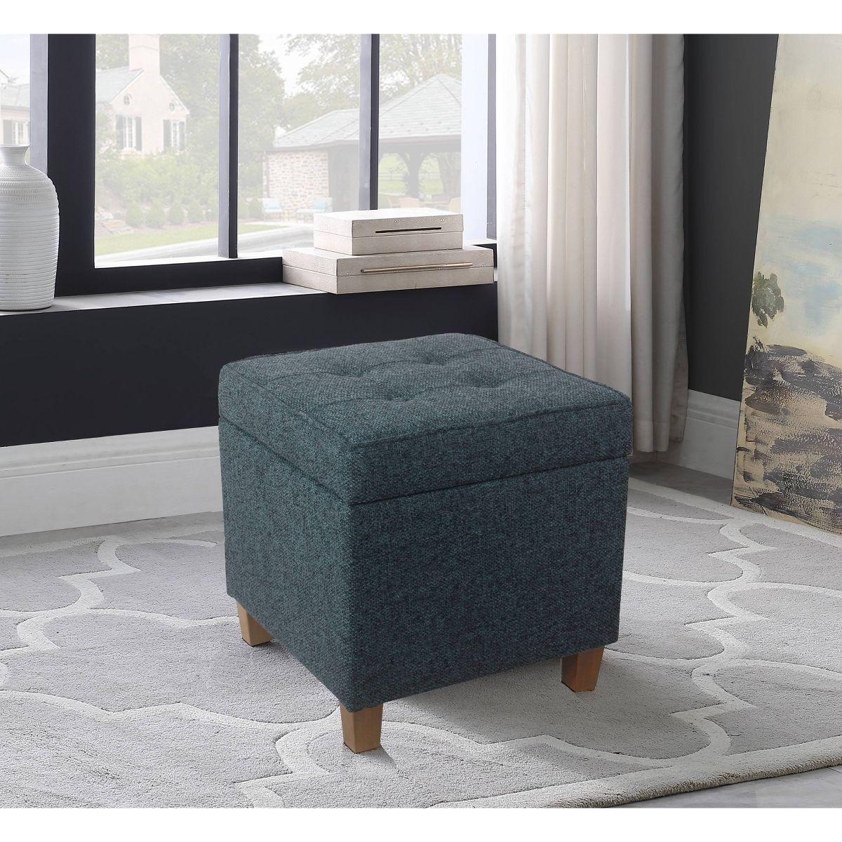 Square Tufted Faux Leather Storage Ottoman Textured Navy – HomePop