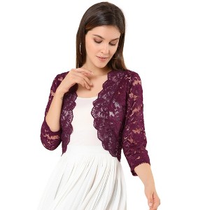 INSPIRE CHIC Women's Elegant 3/4 Sleeve Sheer Floral Lace Open Front Crop Shrug - 1 of 4